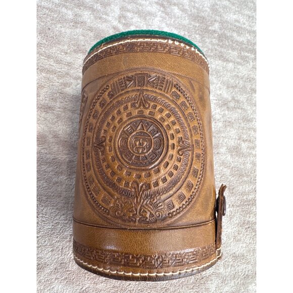 Vintage Handcrafted Leather Aztec Mayan Calendar Dice Cup With Eagle Design - Picture 3 of 9